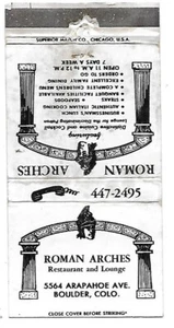 Roman Arches Restaurant & Lounge-Boulder, Colo. Vintage Matchbook Cover - Picture 1 of 2