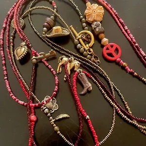 42" Micro Bead Belt w Western Whimsical Metal & Wood Charms Doubled 84" Belt - Picture 1 of 2