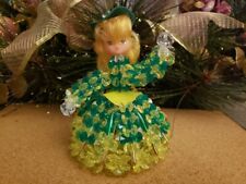Vintage Retro Doll Safety Pin Beaded Figurine Ornament Green Dress Irish