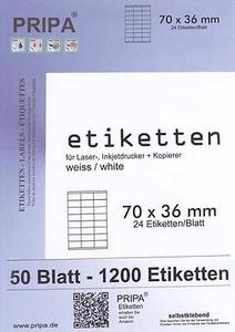 1200 Étiquettes 70x36 mm A4 pour Encre, Laser & Photocopieuse - 24 Stück Pro - Afbeelding 1 van 1