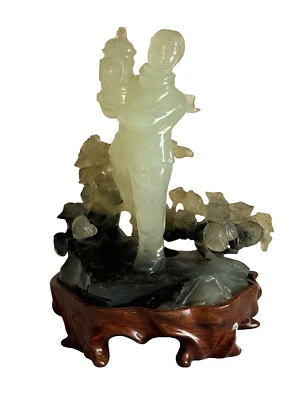Vintage Chinese Carved Pale Jade Stone Boy with Lantern Sculpture on Wood Base - Image 1 of 4