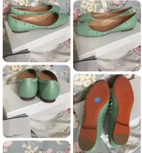 $670+SANTONI Italy Round toe Ballet flats Studded Leather Light Green sz 41/US10 - Picture 1 of 10