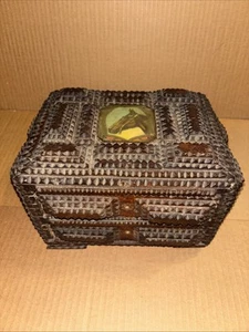 Antique Vintage Tramp Art 2 Drawer Jewelry Trinket Box Hand Carved Horse Pic - Picture 1 of 19