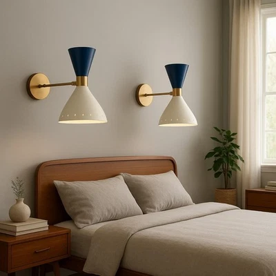 Mid-Century Italian Brass Wall Sconce Double Cone Bedside Lamp Christmas Gift - Image 1 of 4