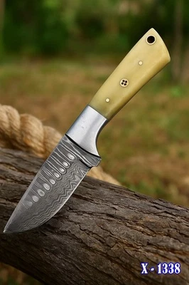 AJ SANITY Custom Handmade Damascus Steel Fix Blade Skinning Knife Camel Bone Handle