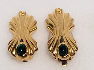 Vintage Fendi Gold Tone Clip On Earrings With Green Stone Accent... FLAW !!!! - Picture 1 of 6