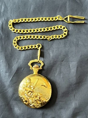 Geneva Pocket Watch Quartz Gold Color Hunting Scene Time Chain NEW! - Image 1 of 4