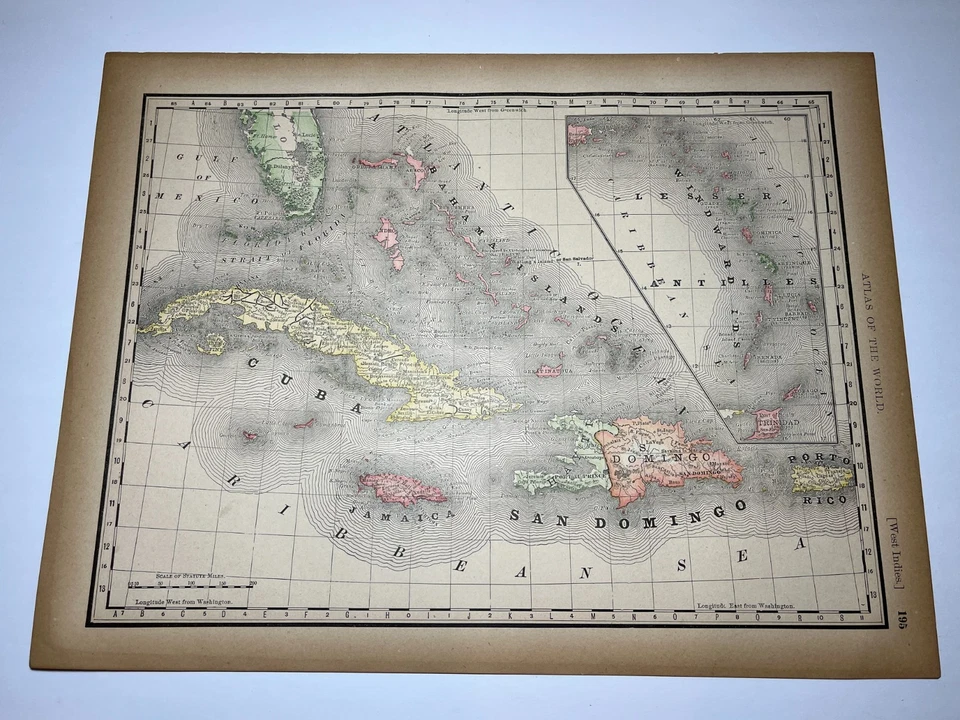 1894 Map of the CARIBBEAN Fm 1894 Rand-McNally Library Atlas SEE PICs & DESCRIP - Image 1 of 2