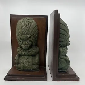 Vintage Aztec Mayan Mexican Kings Gods Heavy Stone Wooden Pair of Bookends - Picture 1 of 9