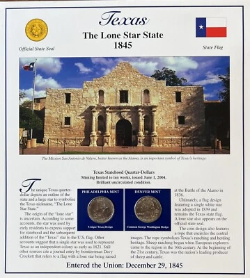 2004 Texas State Quarters and Postage Stamps mint uncirculated  collectible card - Image 1 of 2