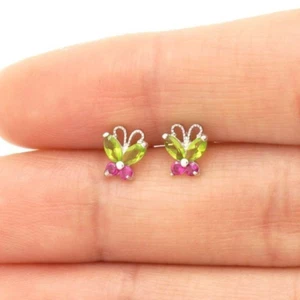 14K Solid White Gold Peridot & Ruby Butterfly Baby Screwback Stud Kids Earrings - Picture 1 of 5