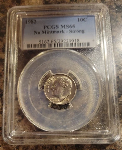 1982-P No Mintmark Strong Roosevelt Dime  PCGS MS 65 Missing Mint Mark RARE!! Cover