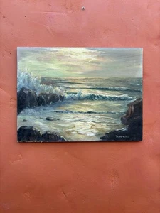 Vintage Coastal Seascape Oil Painting Rocks Ocean Signed Buddy Fisher Sunset - Picture 1 of 6