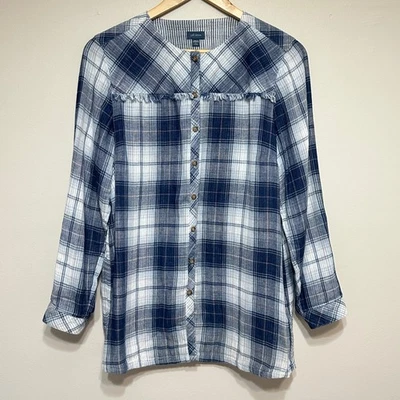 J. Jill Plaid Double Gauze Button Down Shirt Womens LP Roll Tab Sleeves Casual - Image 1 of 4