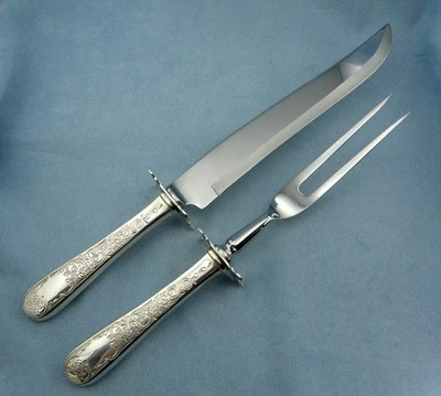 KIRK STIEFF Antiguo Maryland Plata Esterlina Mango en H Juego de Talla Grande-Cuchillo y Tenedor Foto 1 de 4