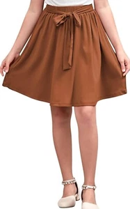 GORLYA Girls Tie Belt High Waist Flowy A-Line Flare Skater Midi Skirt Pockets 14 - Picture 1 of 6