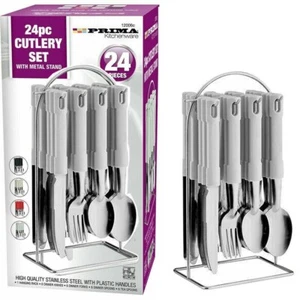 24Pc Cutlery Dinner Set Metal Stand Rack Fork Tea Spoon Butter Knife White Polis - Picture 1 of 6