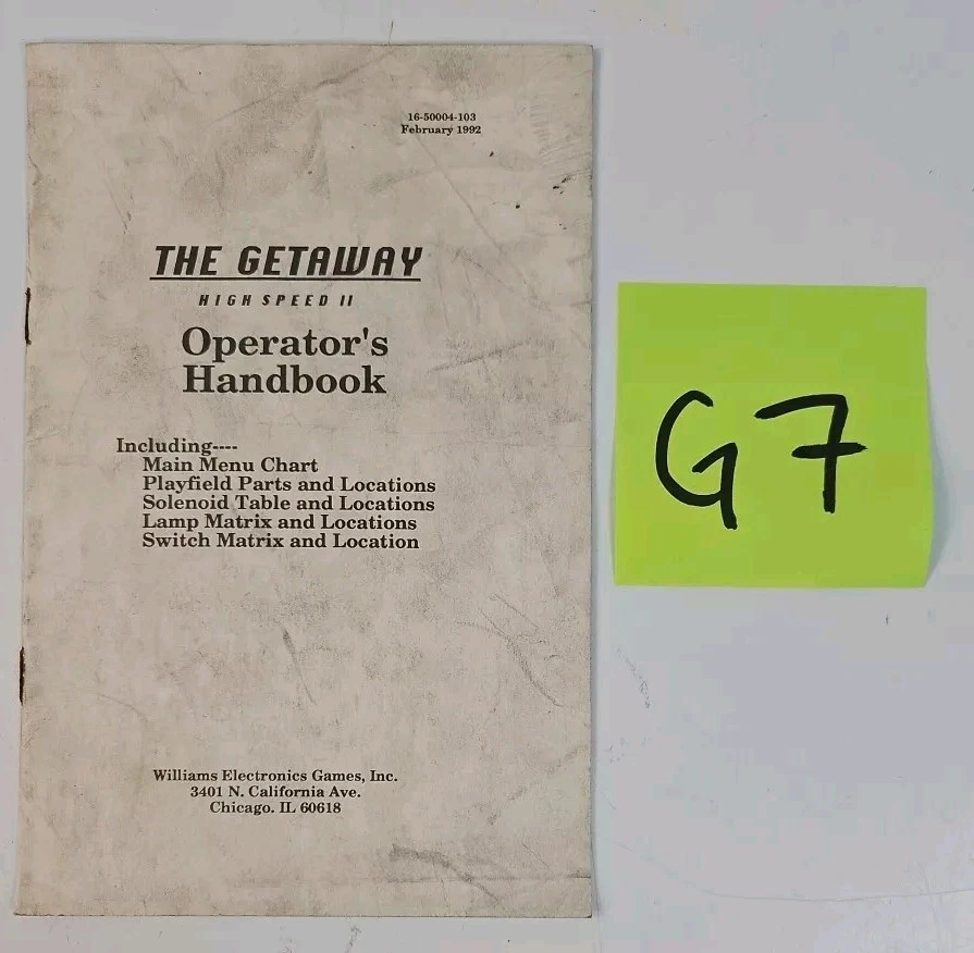 THE GETAWAY "HIGH SPEED 2"  - Pinball Manual - WILLIAMS - OEM Original - Coin Op - Image 1 of 1