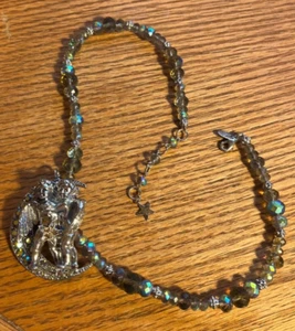 Kirk's Folly Cherub Moon Pendant Star Dangle Rhinestone Necklace Hangs 11 3/4” - Picture 1 of 9
