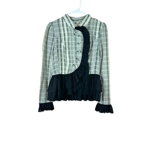 RYU leichter Blazer Damen Gr. S gestreift beige grau schwarz Rüschenbesatz Baumwolle - Bild 1 von 4