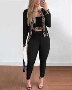 3-teiliges kariertes Print Outfit Crop Top Hose Mantel Freizeit Elegant Mode Set Damen - Bild 1 von 14