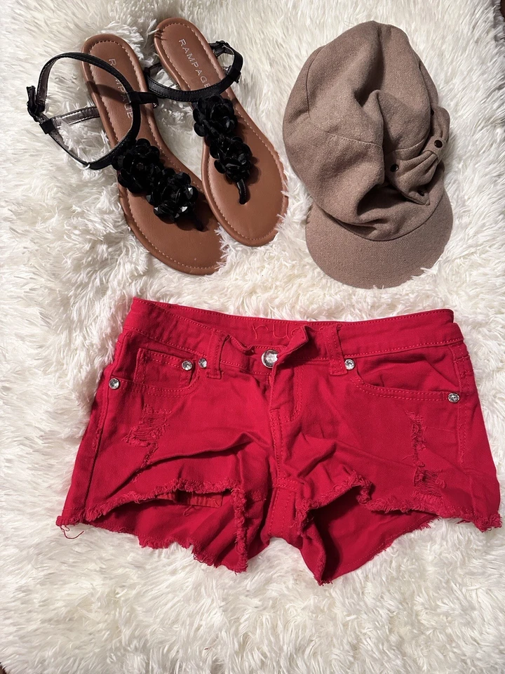 Pantalones Cortos Para Mujer Junior Rue 21 Botones Rojo Envejecido Denim Con Bolsillos Foto 1 de 4