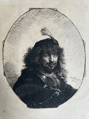Autorretrato grabado Rembrandt con tapa emplumada Foto 1 de 4