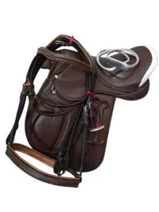 Sella equitazione inglese da salto in pelle marrone scuro misura 15" con briglia completa - Foto 1 di 8