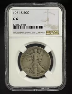 Medio dólar de plata Walking Liberty 1921-S 50C NGC G6, fecha clave, bonitos detalles - Imagen 1 de 4