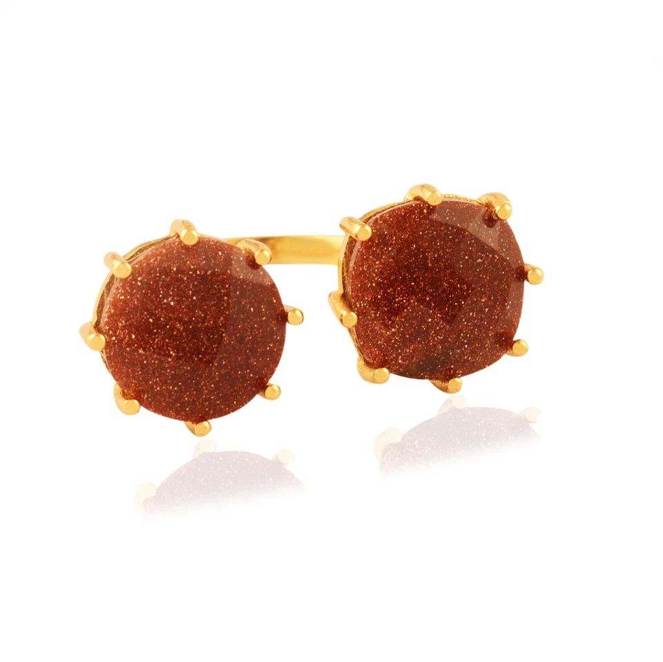 Red Sunstone Double Stone Open Ring Gold Plated Prong Set Open Adjustable Ring - Image 1 of 4
