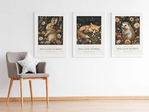 Set of 3 Vintage William Morris Woodland Animal Cotton Prints Exhibition Posters - Picture 1 of 9