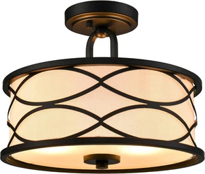 2-Light Semi-Flush Mount Ceiling Light, Linen Drum Ceiling Light Fixture, F186 - Picture 1 of 6