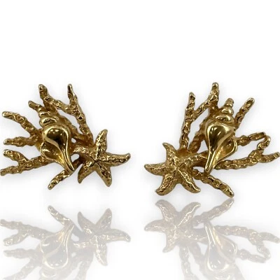 Aretes KABANA de oro amarillo sólido de 14kt concha, estrellas de mar y océano de coral Foto 1 de 4