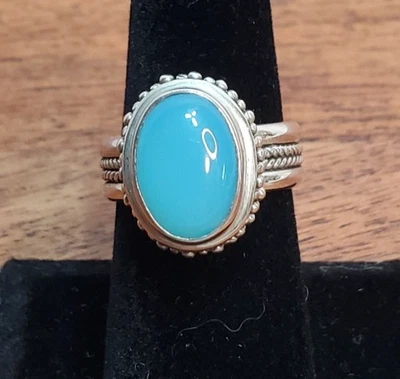 Anel cabochão oval assinado prata esterlina azul calcedônia tamanho 8 - Imagem 1 de 4