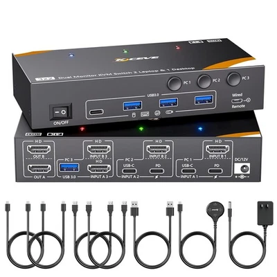 KCEVE KVM Switch 2 Monitors 3 Computers USB C, USB 3.0 KVM Switch Dual Monitor - Image 1 of 2