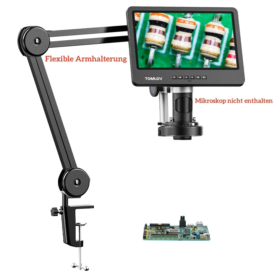 TOMLOV Flexible Arm Digital Microscope Stand AM01 with 144-LED Ring Light LT02