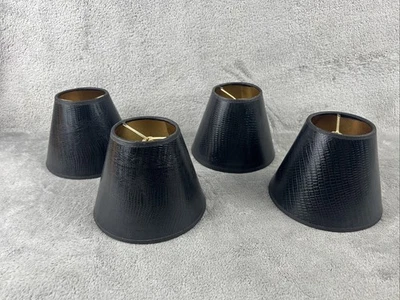 Set Of 4 Black Faux Lizard Texture Mini Lamp Shades Clip-On Gold Interior - Image 1 of 4