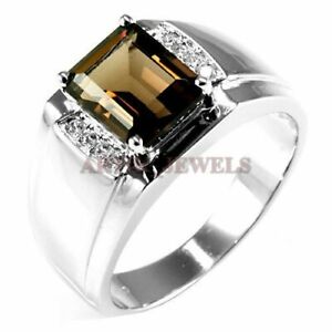 Natural Smoky Quartz With 14K White Gold Plated Silver Ring for Men's #1436