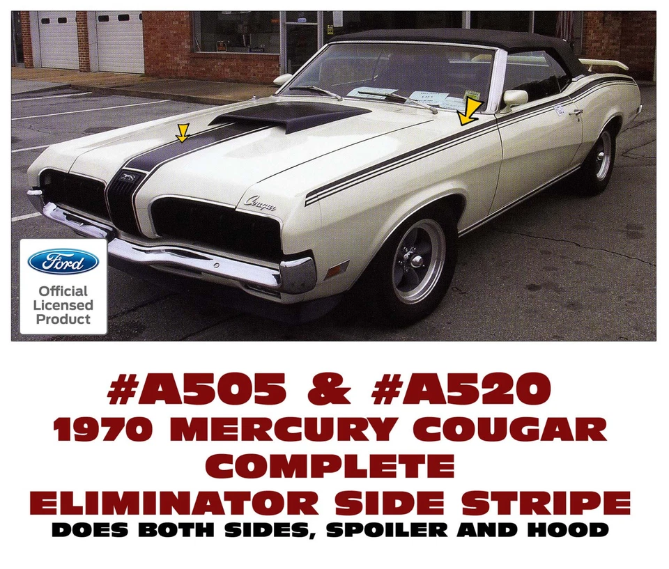 A505 y A520 1970 Mercury Cougar Eliminator - KIT COMPLETO DE RAYAS LATERALES Y CAPÓ Foto 1 de 1