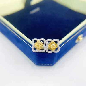Buy Fancy Yellow Diamond Stud Earrings Cushion Cut Shape Gemstone 18k White Gold - Picture 1 of 8