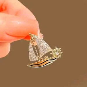 Gold with Silver Tone Crystals Enamel Sailboat Pin Brooch Holiday Summer Sailing - Picture 1 of 3
