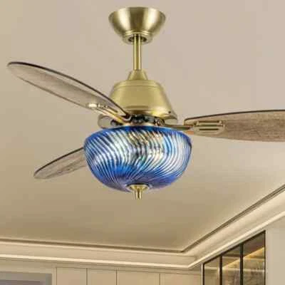 Ceiling Fan Gold Finish Blue Swirl Glass Bowl Shade-Remote,3-Blade,42in - Image 1 of 4