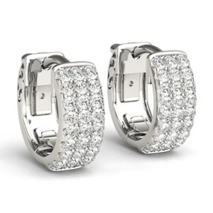 14K Solid White Gold Round Lab Grown Diamond 3 Row Flat Huggie Hoop Earrings - Picture 1 of 5