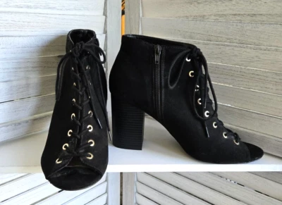 Sexy Apt 9 Negro Con cordones Punta abierta Cremallera lateral Botines Gruesos Tacones en bloque 10 Foto 1 de 4