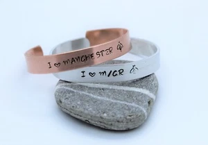 Personalised Cuff Bracelet, I love Manchester, Hand Stamped, Bee Bracelet - Picture 1 of 4