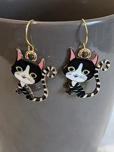 Black & White Stripe Enamel Tuxedo Cat Charm French Hook Earrings Pet Owner Gift - Picture 1 of 3