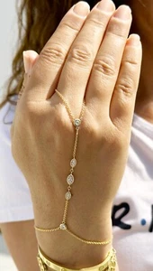 14K Yellow Gold Finger Bracelet Lab Diamond Ring Bracelet Chain Bracelet 0.85ctw - Picture 1 of 12