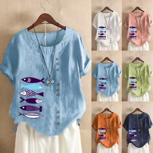 Cotton Linen Women Short Sleeve T-Shirt Casual Loose Print Blouse Tops Plus + - Picture 1 of 19