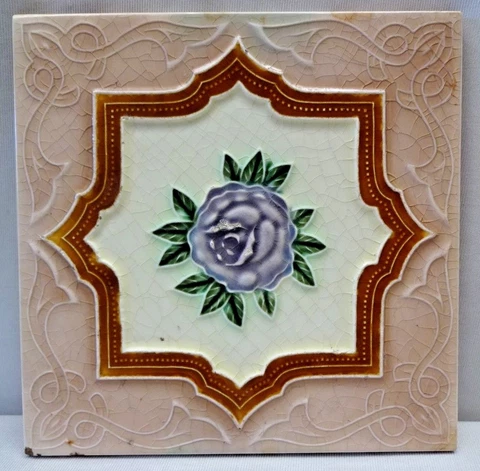 TILE JAPAN ART NOUVEAU MAJOLICA PURPLE ROSE DESIGN VINTAGE DECORATIVE CERAMI#202 Cover