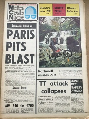 Motor Cycle News - 25 October 1972 - Paris Pits Blast - Vintage Newspaper - Image 1 of 3